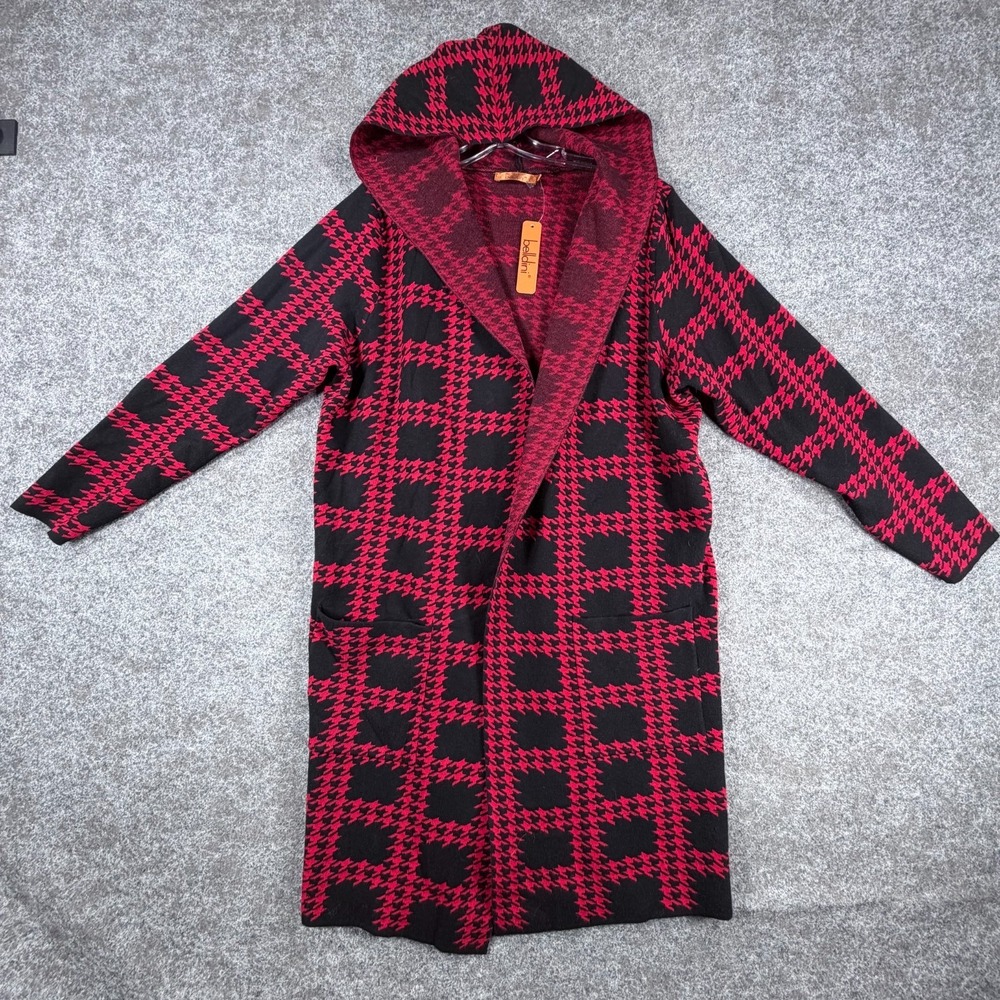 NWT‎ Belldini Coatigan Sweater Womens 1X Black Red Modern Hooded Checkered Plaid